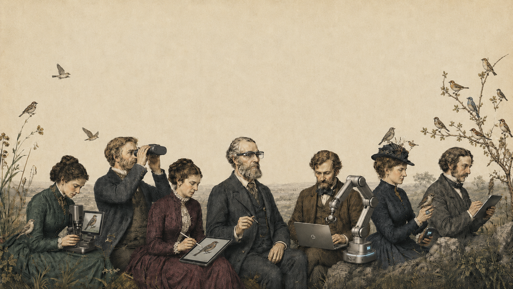 Victorian naturalists in a field, their instruments glowing with AR overlays